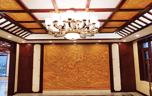 曹县中式别墅客厅中式木作横梁吊顶装饰展示