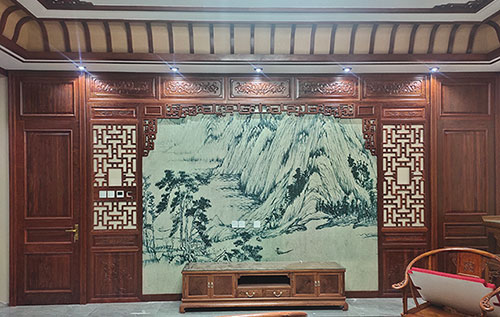 曹县中式仿古别墅客厅背景墙花格木作装饰